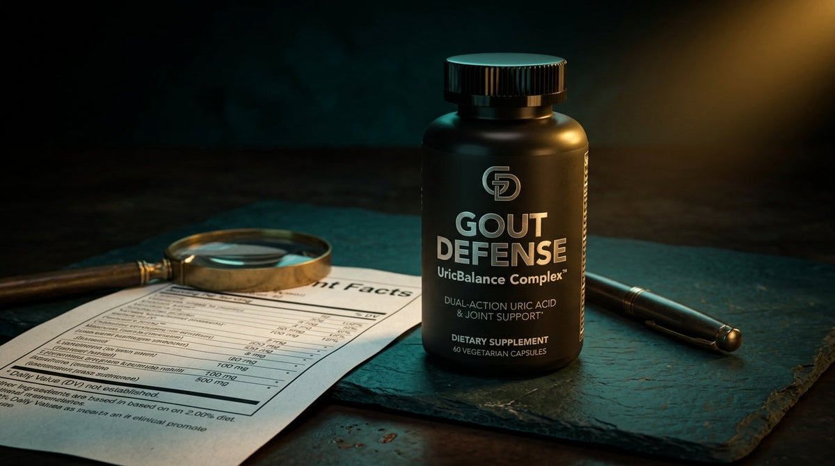 Gout Defense bottle beside a supplement facts panel — How to Read Supplement Labels