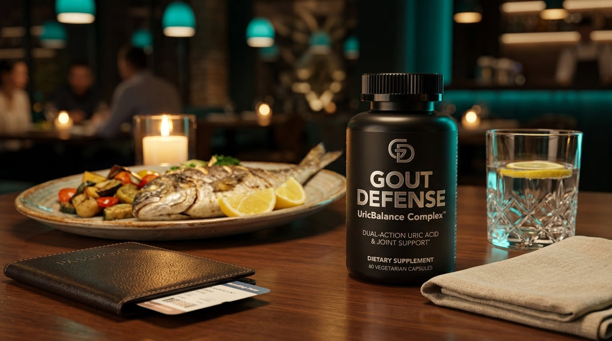 Gout Defense bottle on a restaurant table with passport and grilled fish — Traveling with Gout