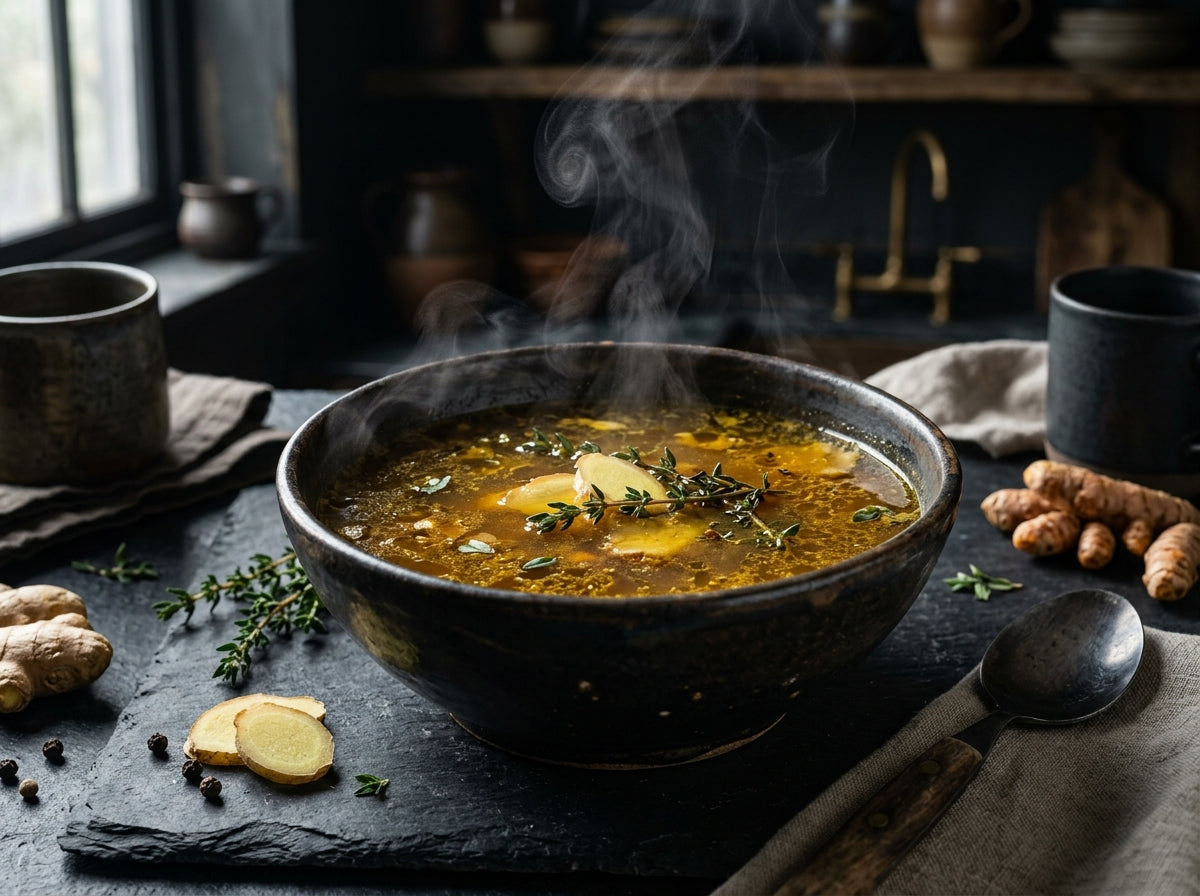 Ginger-turmeric bone broth — warm joint-soothing gout-friendly broth with natural enzyme support