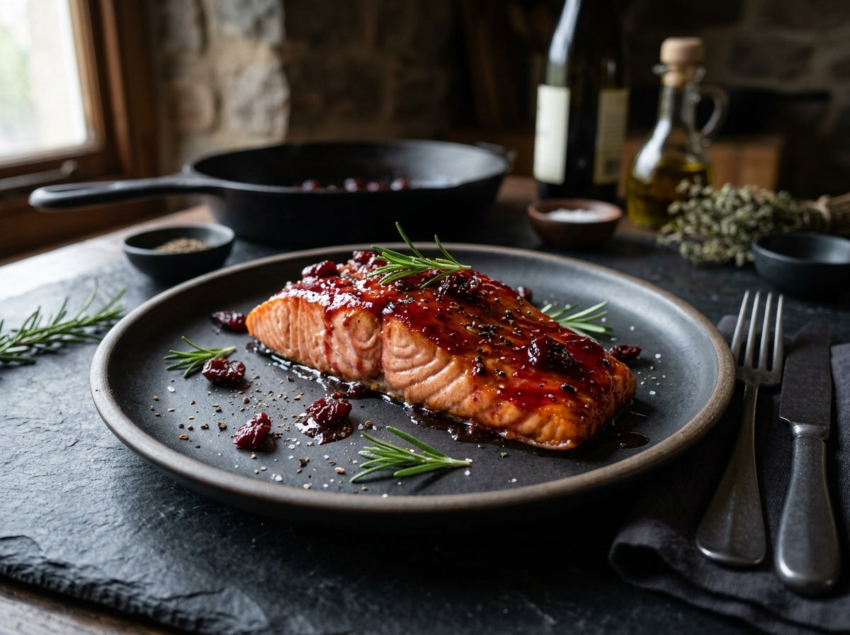 Cherry-glazed baked salmon — elegant gout-friendly dinner combining omega-3 fatty acids and tart cherry anthocyanins