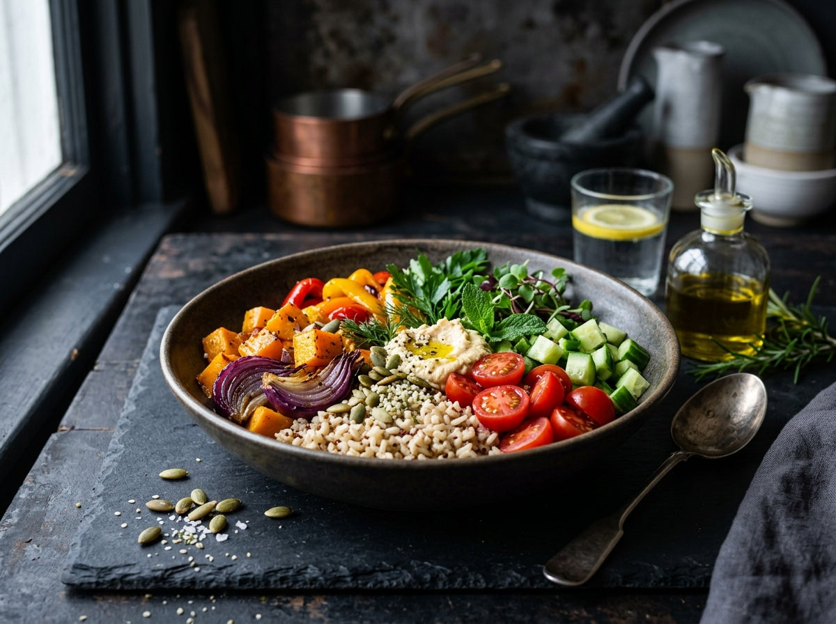 Low-purine grain bowl — colorful gout-friendly meal with brown rice and roasted vegetables