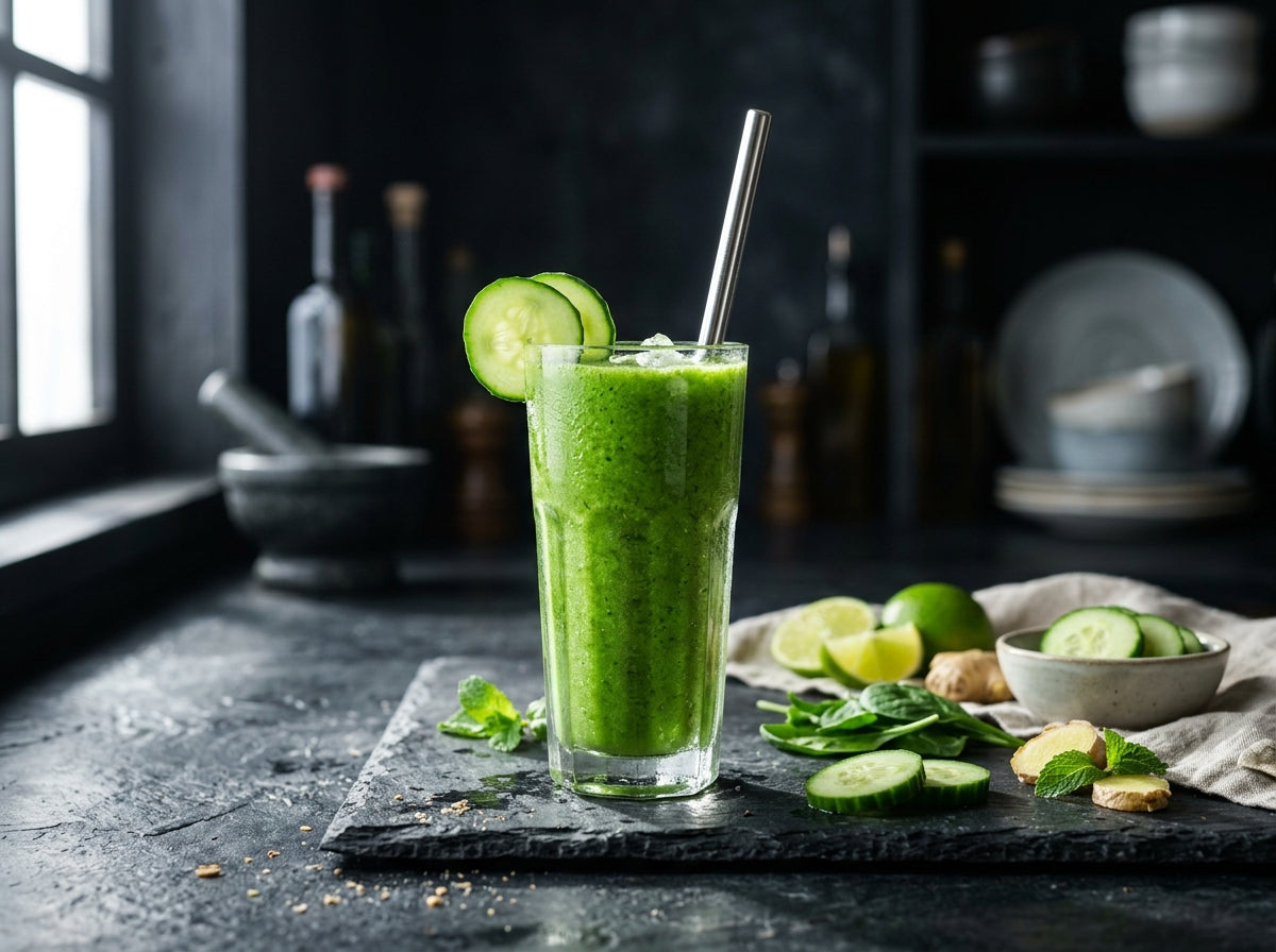 Alkaline green smoothie — gout-friendly drink with leafy greens and citrus to support uric acid balance