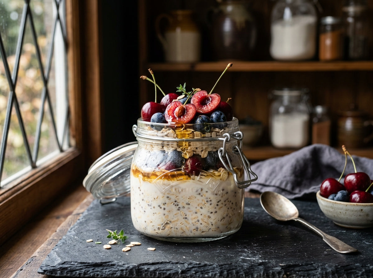 Berry and cherry overnight oats — gout-friendly breakfast with tart cherries and antioxidant-rich berries