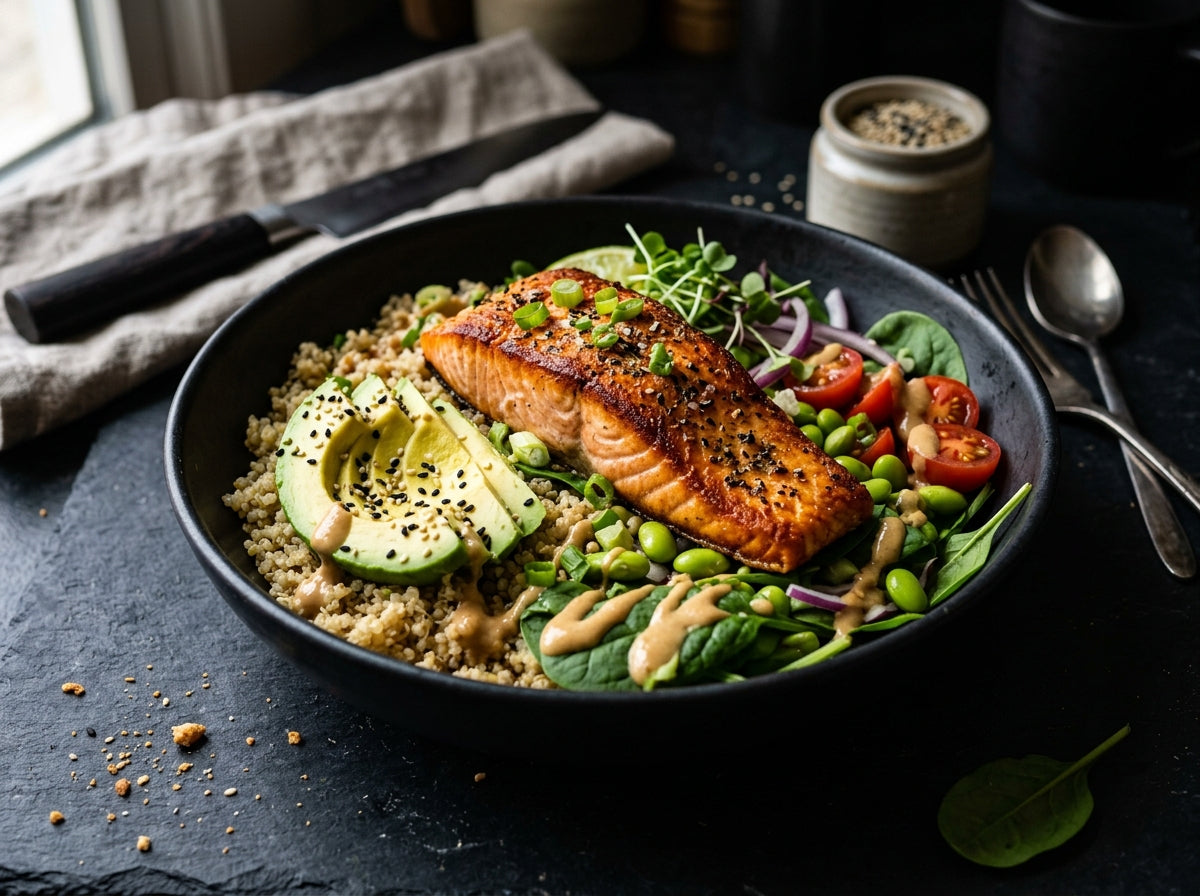 Joint-soothing salmon grain bowl — gout-friendly meal with omega-3 rich salmon and low-purine vegetables