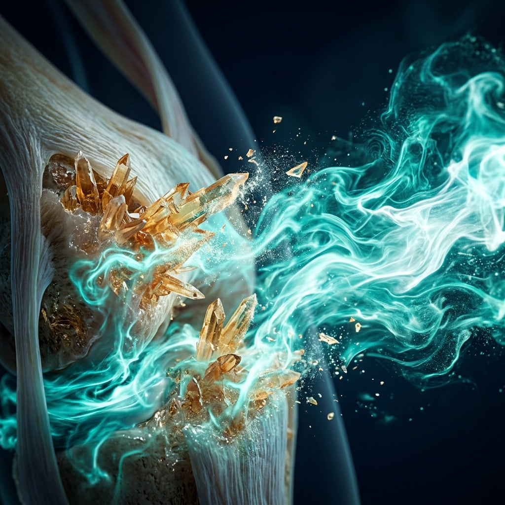 Enzyme cascade dissolving uric acid crystals at the joint