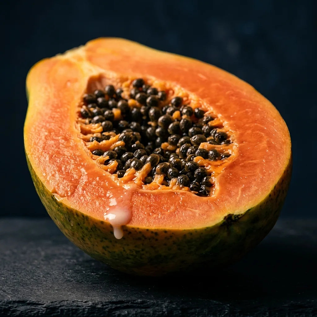 Fresh papaya cross-section — Papain cysteine protease source