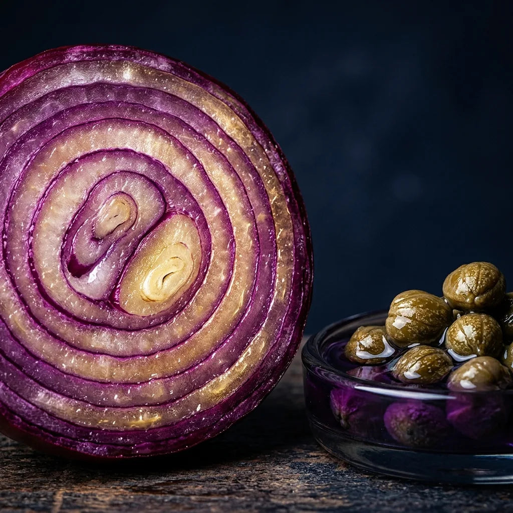 Red onion cross-section and capers — natural Quercetin sources