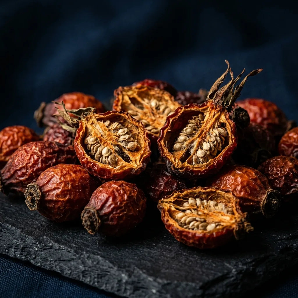 Dried rose hips — natural Vitamin C co-factor and antioxidant source